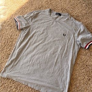 Fred Perry Light Gray Men's Tee with Striped Sleeves